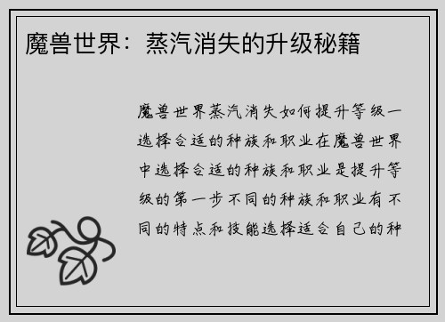 魔兽世界：蒸汽消失的升级秘籍